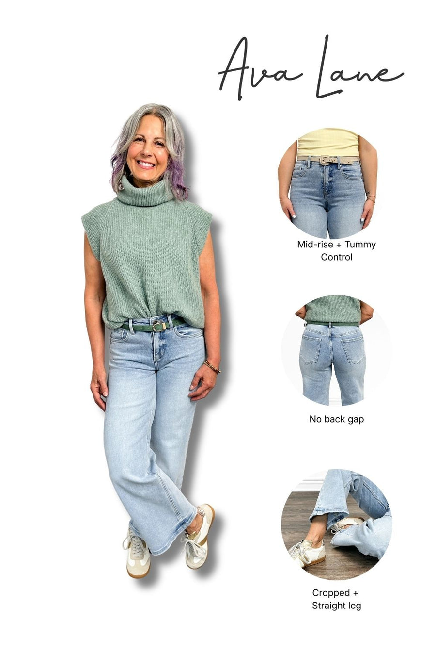 Woman wearing light blue jeans with an inset showing different leg lengths and a brand name 'Ava Lane'.