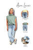 Woman wearing light blue jeans with an inset showing different leg lengths and a brand name 'Ava Lane'.