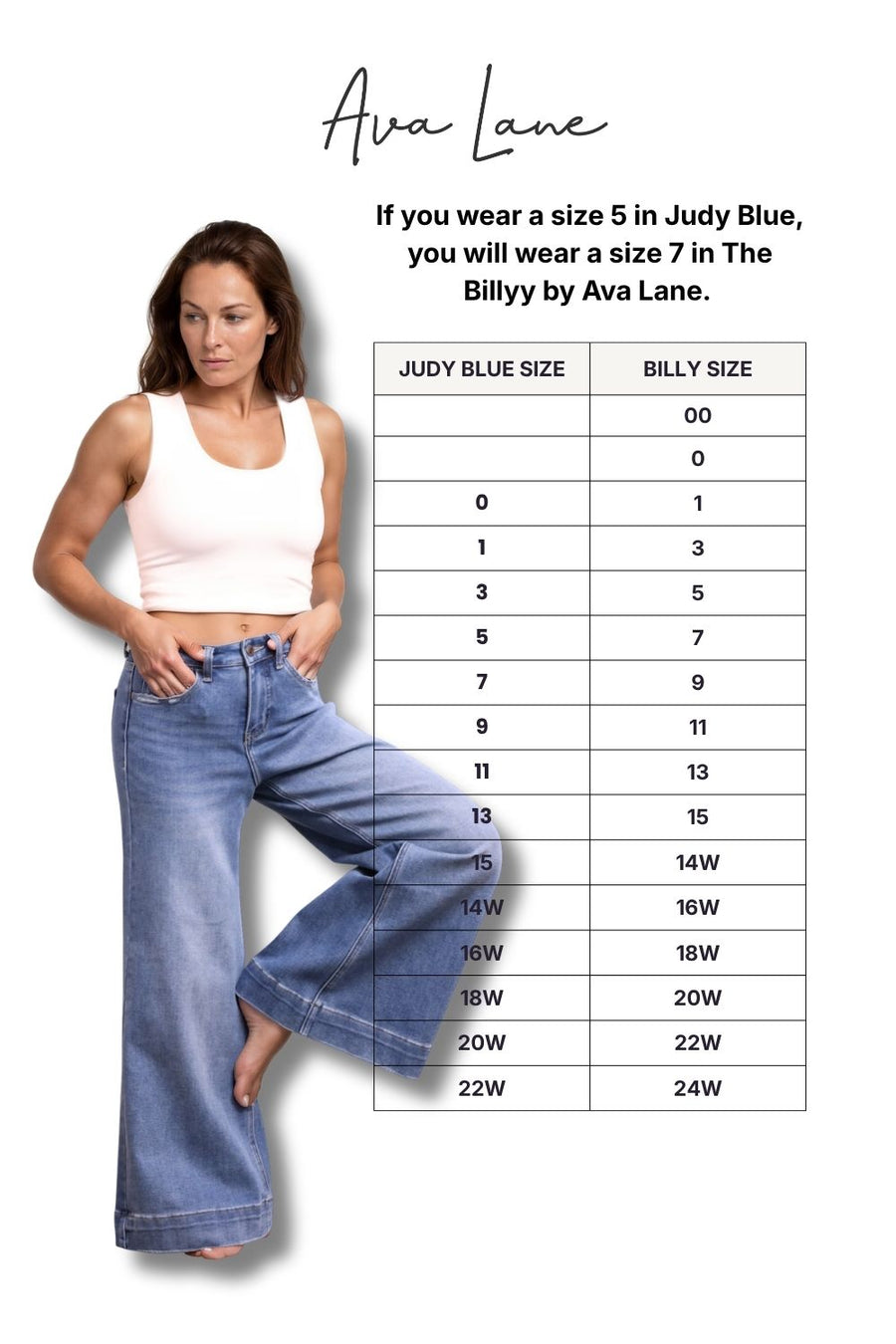 Woman wearing a white top and blue jeans with a size chart by Ava Lane on a white background