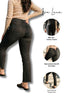 Woman wearing black jeans with product features highlighted on a white background