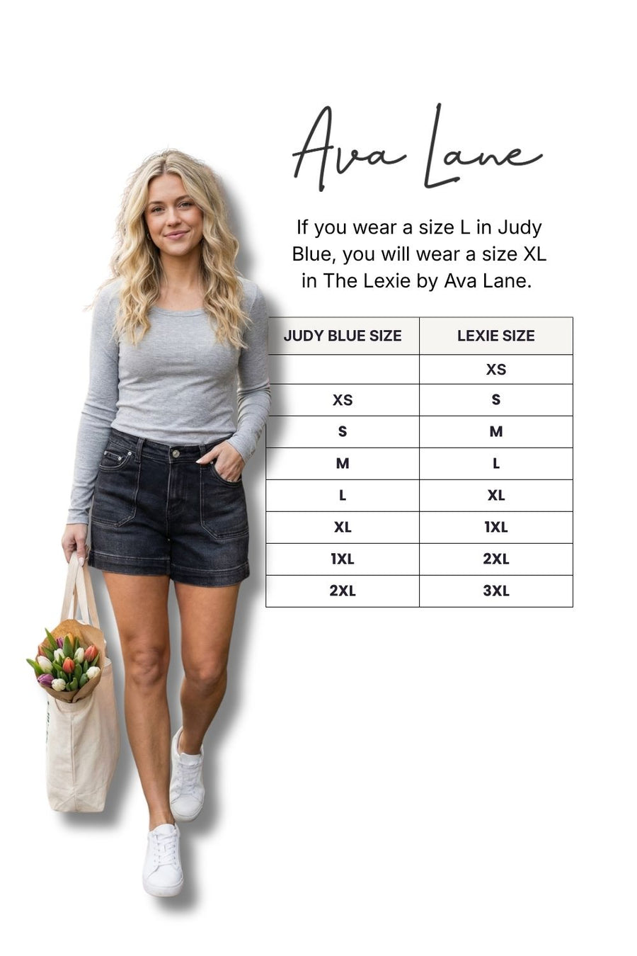 Woman wearing a gray top and black shorts with a size chart next to her on a white background.