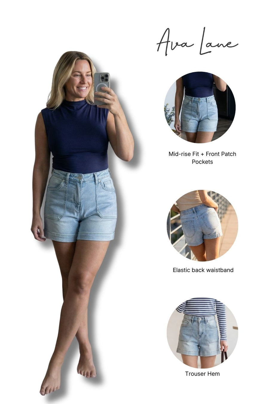 Woman wearing denim shorts with product features highlighted