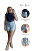 Woman wearing denim shorts with product features highlighted