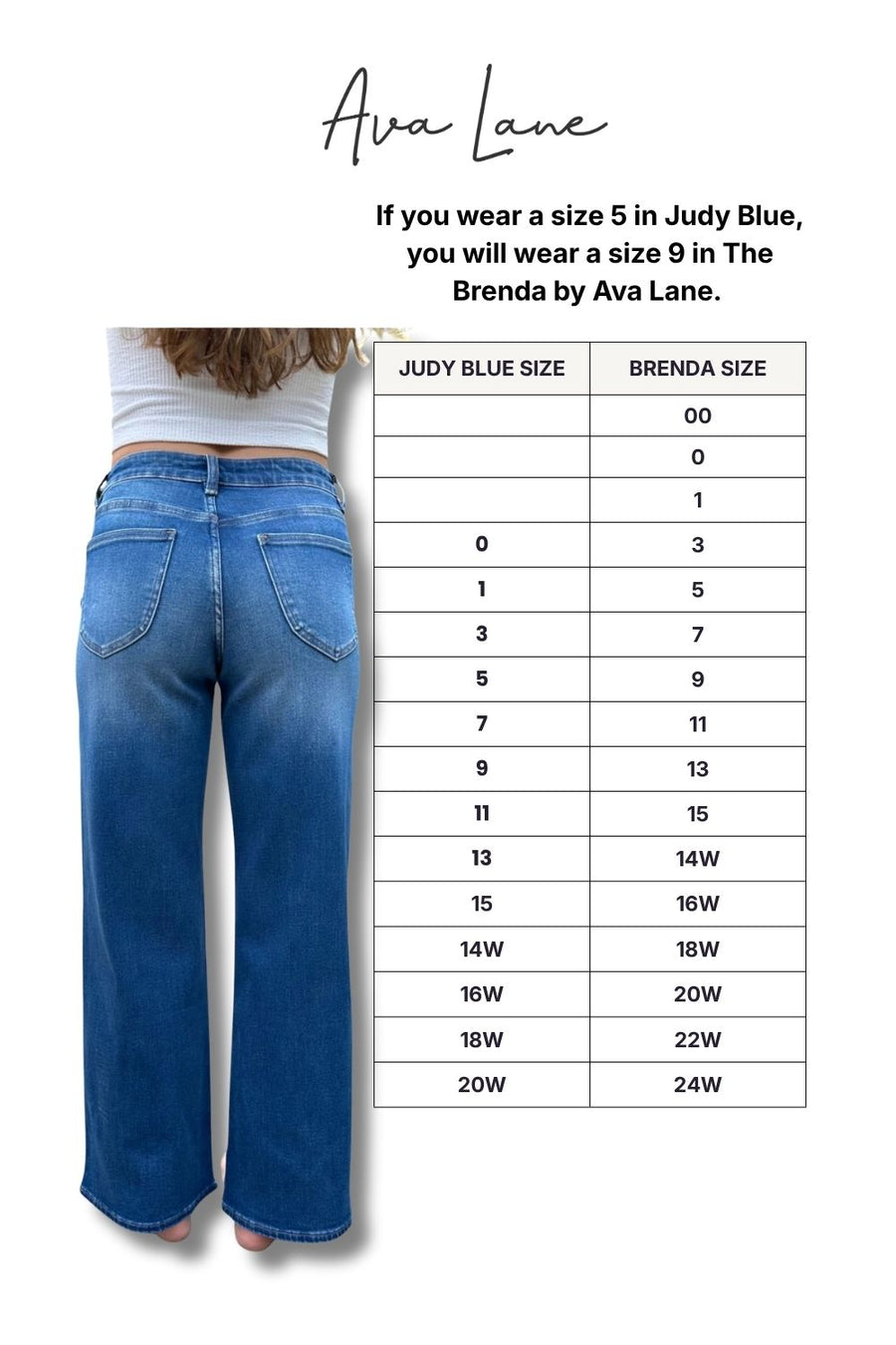 Blue jeans worn by a person with a size conversion chart from Judy Blue to Brenda by Ava Lane on a white background.