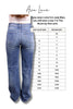 Pair of blue jeans with a size chart for Ava Lane brand on a white background