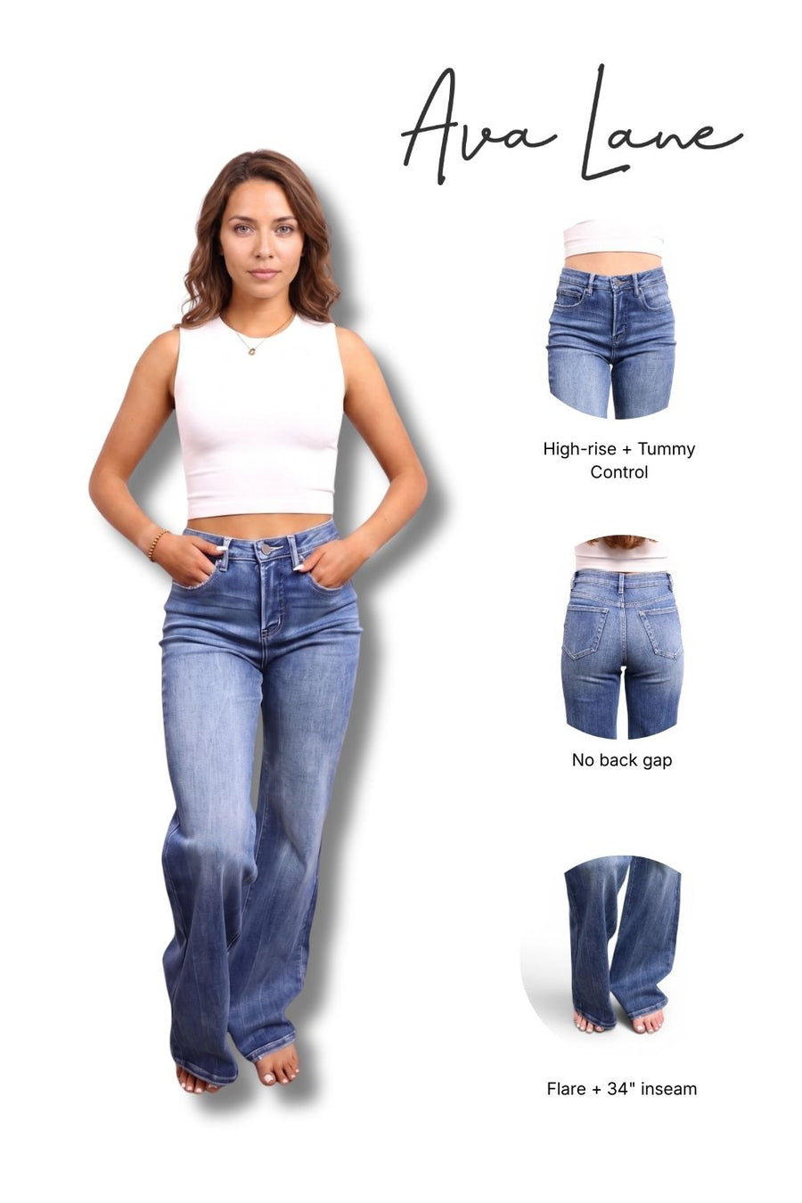Woman wearing blue jeans with product features highlighted on a white background