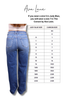 Person wearing blue jeans with a size chart for Ava Lane jeans on a white background