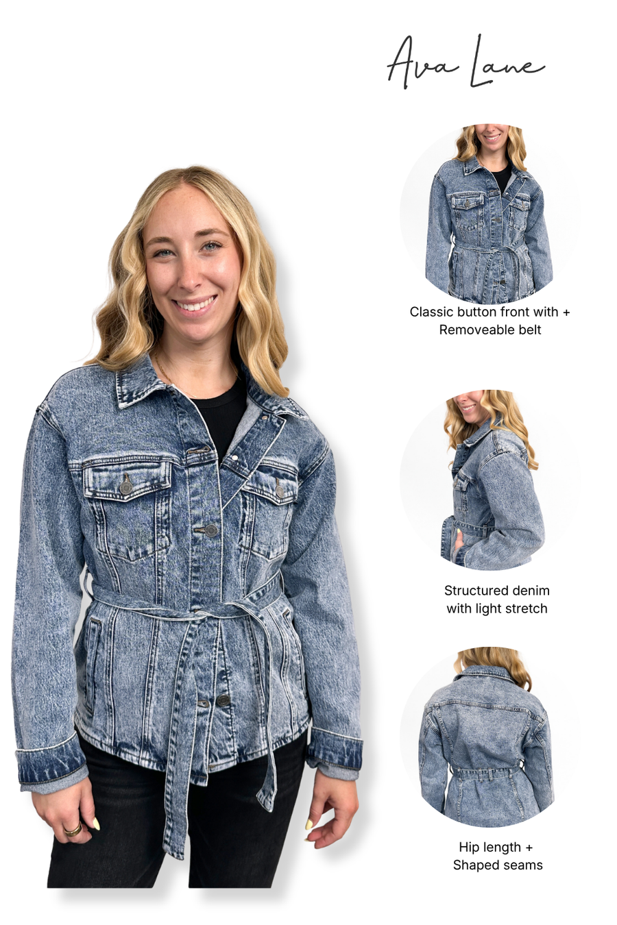 A woman wearing a light-wash blue denim jacket with a tie waist, shown on a white background with three smaller inset views of the jacket from the front, side, and back. The text reads 'Ava Lane' and includes feature callouts: 'Classic button front with + removable belt,' 'Structured denim with light stretch,' and 'Hip length + shaped seams.