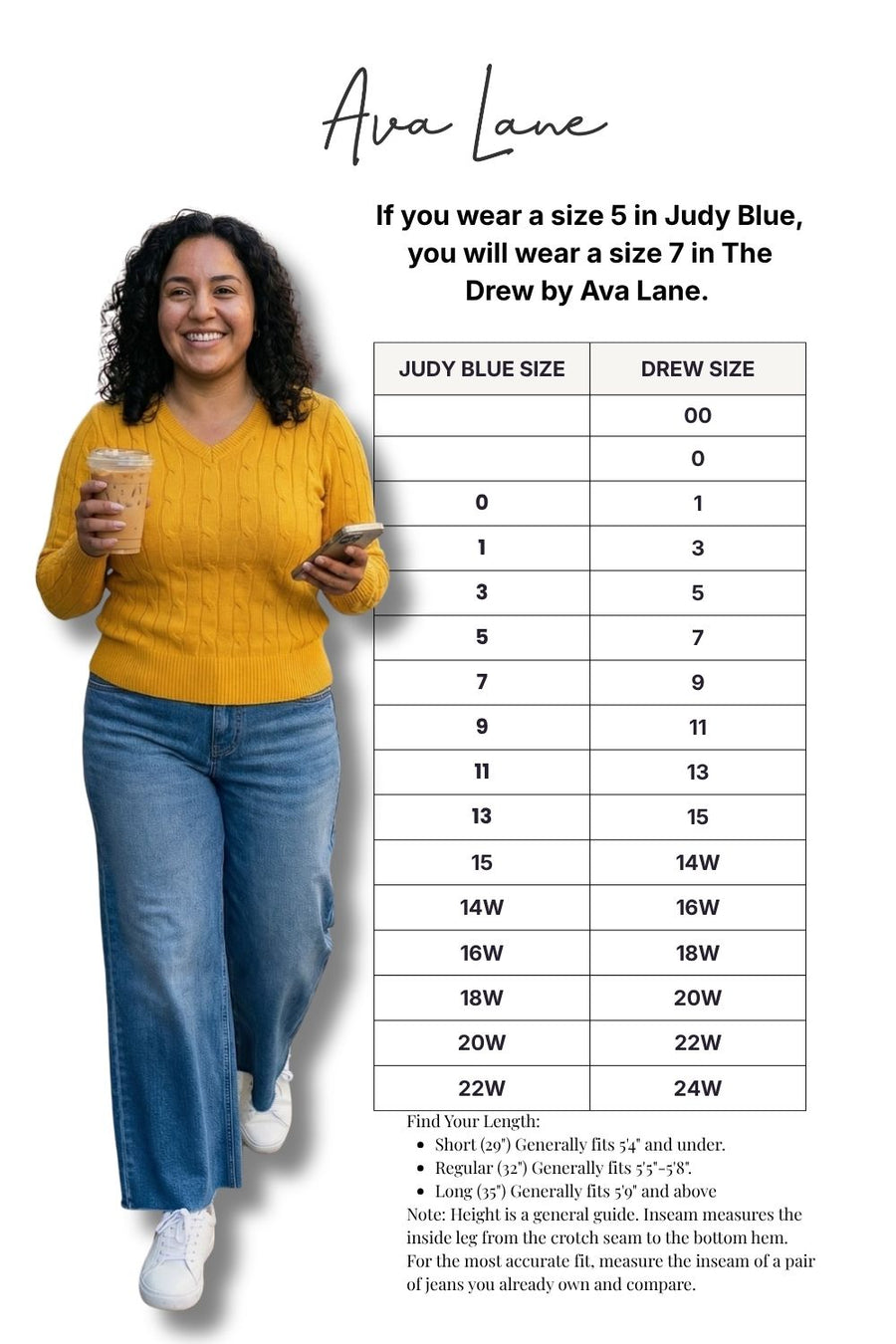 Woman in yellow sweater and blue jeans holding a drink, with a size chart for Ava Lane clothing brand.