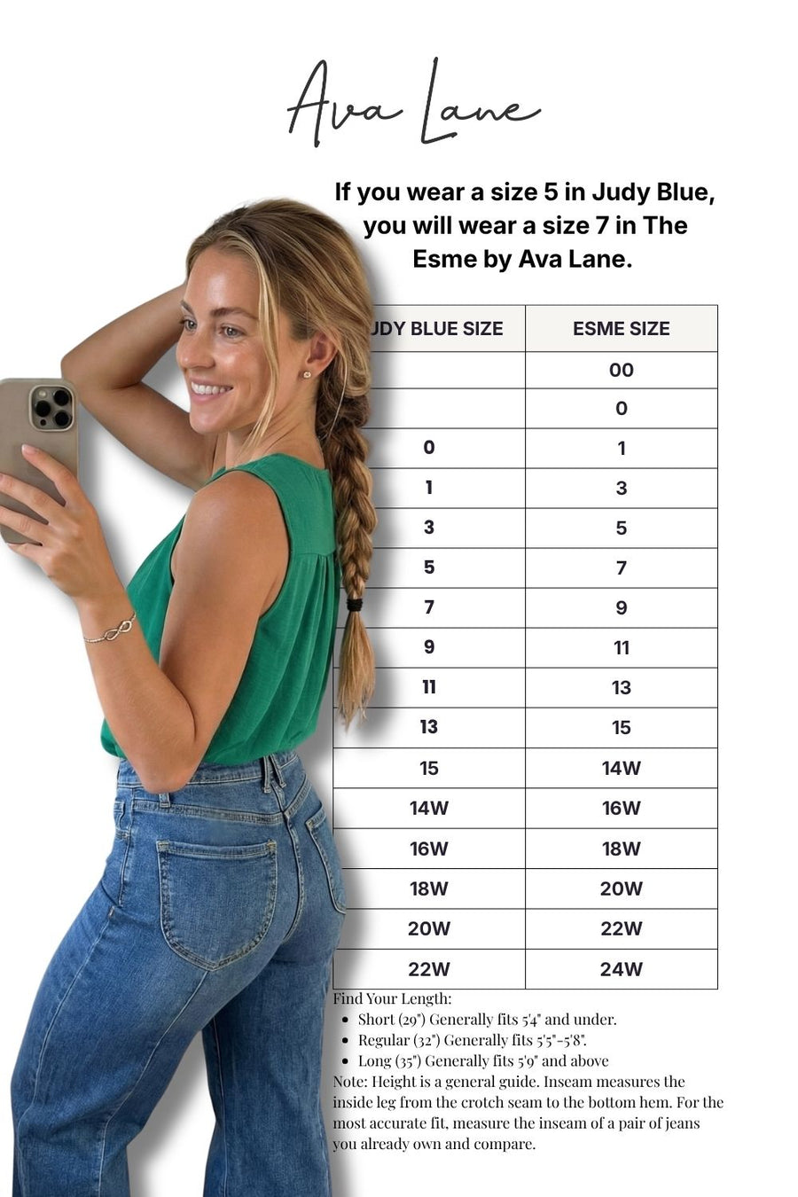 Woman in green top and blue jeans with size chart on a white background
