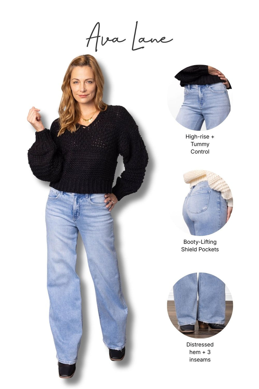 Woman wearing light blue jeans with product features highlighted on a white background