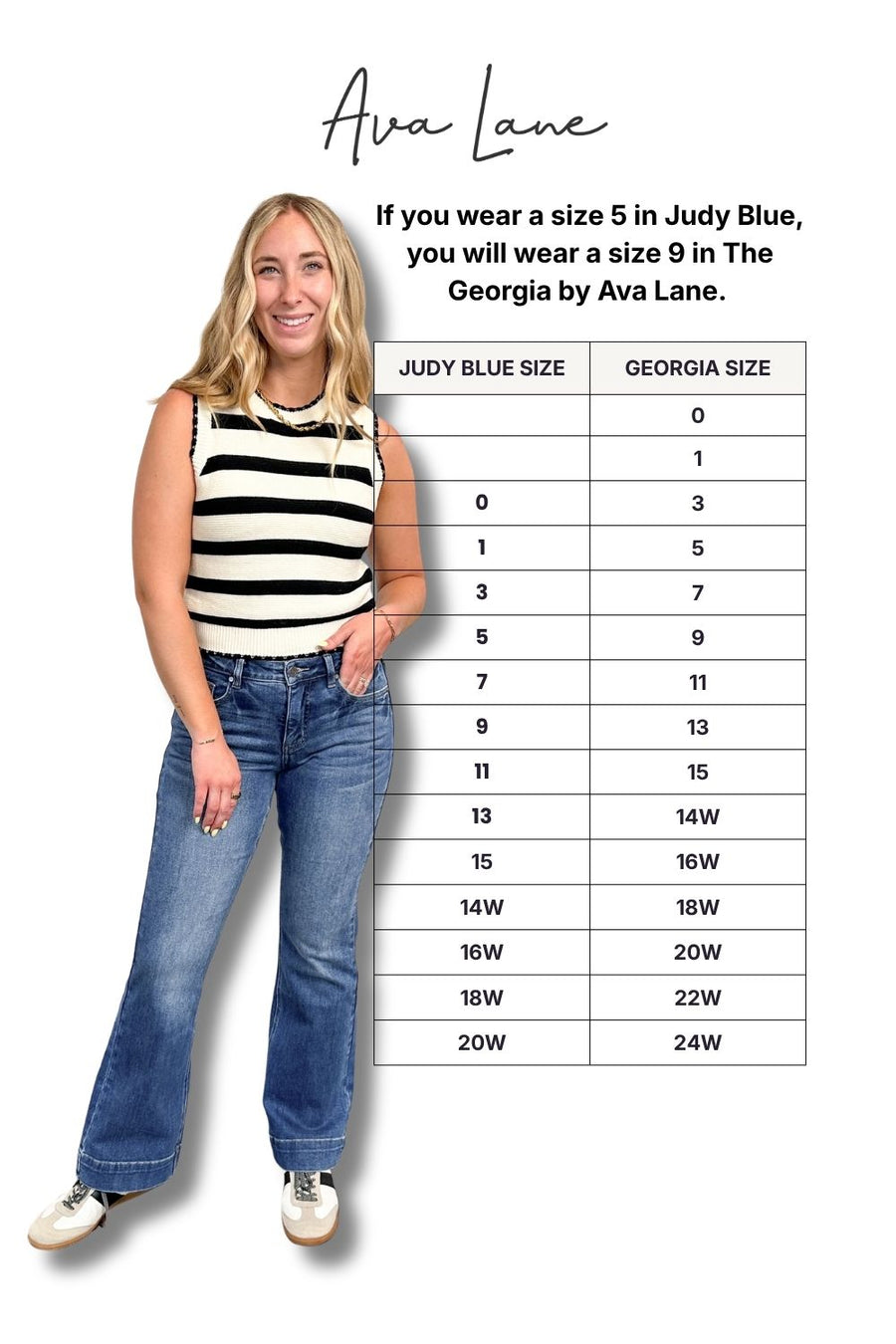 Woman wearing jeans with a size chart comparing Judy Blue and Georgia Lane sizes.