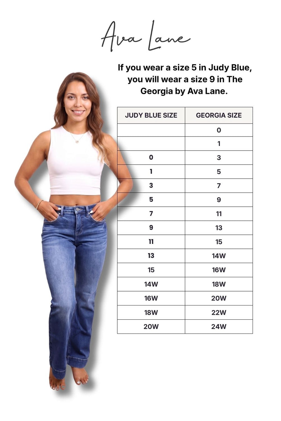 Woman wearing a white top and blue jeans with a size chart on a white background, featuring the brand 'Ava Lane'.