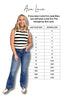 Woman wearing jeans with a size chart comparing Judy Blue and Georgia Lane sizes.