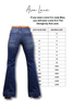 A size conversion chart for Ava Lane women's jeans, showing a back view of blue flared jeans next to a table mapping Judy Blue sizes 0-24W to Georgia sizes. Text at the top explains the size conversion.