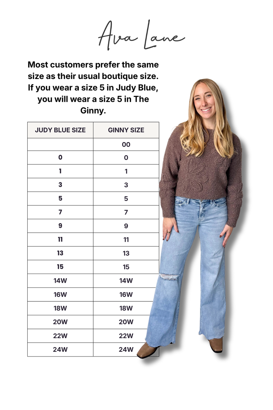 Woman wearing a brown sweater and light blue jeans with a size chart on a white background