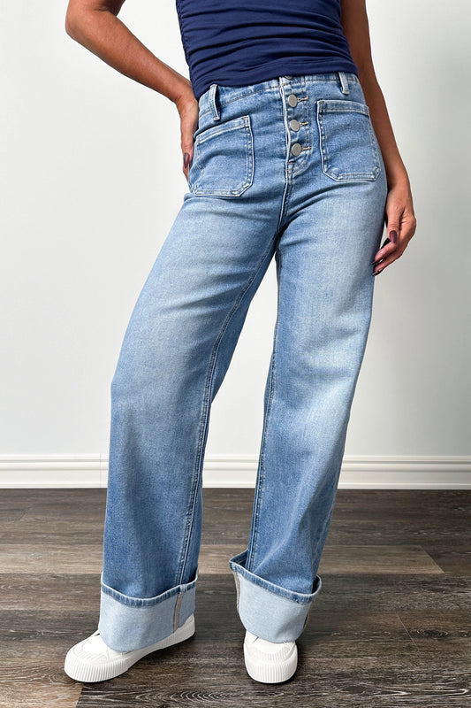The Bode from Risen High-Rise Button Fly Cuffed Ankle Wide Leg Denim