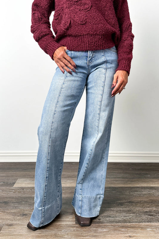 The Kendall from Risen Mid-Rise Tummy Control Ankle Wide Flare Medium Wash Denim