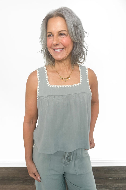 Women's Embroidered Linen Blend Tank Top