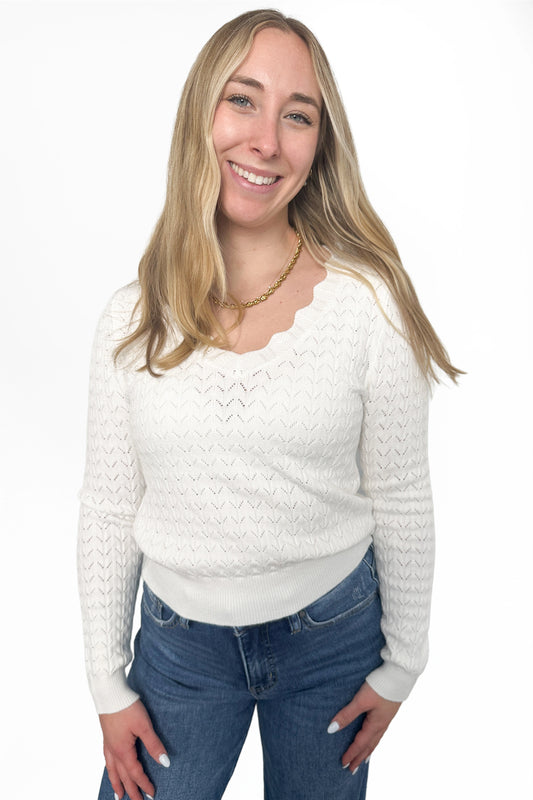 Women's Pointelle Scallop V-Neck Sweater