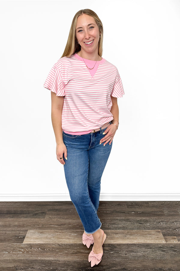 ALB Custom Women's Striped Short Flutter Sleeve Top