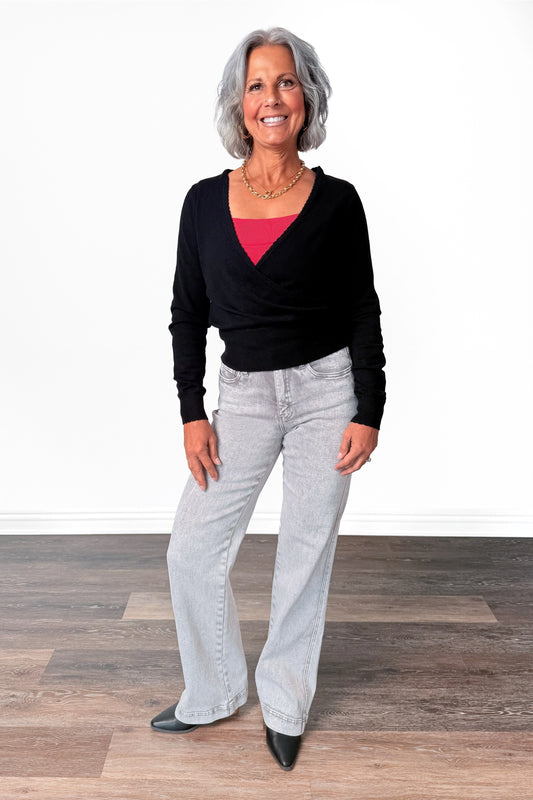 Women's Pointelle Scallop Trim Cross-Over Sweater