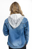 Blue denim jacket with gray hood worn by a person on a white background