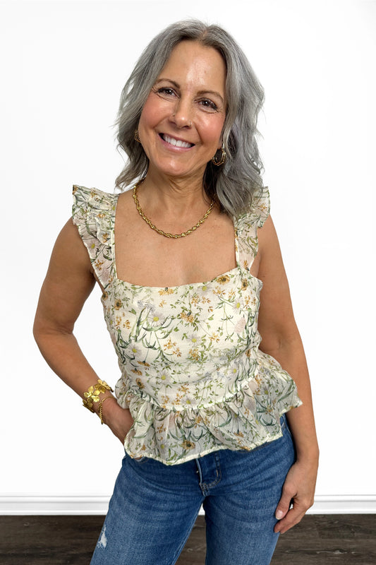 Women's Floral Print Ruffle Trim Tank Top