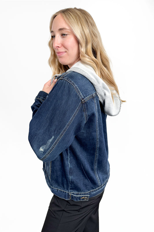The Blaise Dark Wash Removable Hood Distressed Denim Jacket
