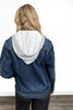The Blaise by Ava Lane Dark Wash Removable Hood Distressed Denim Jacket