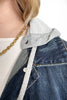 The Blaise by Ava Lane Dark Wash Removable Hood Distressed Denim Jacket
