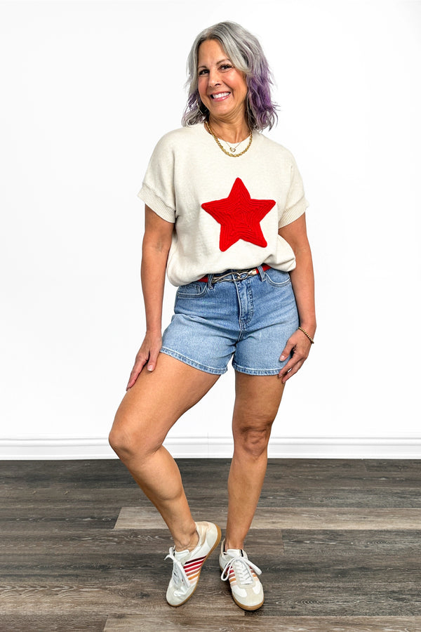 Women's Bold Star Knit Short Sleeve Sweater by Ava Lane