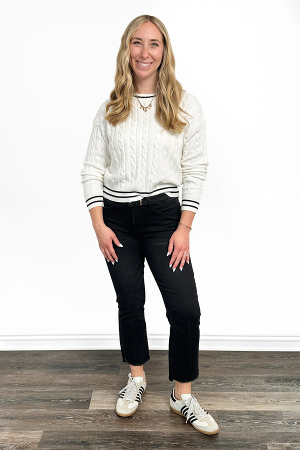 Women's Cable Knit Contrast Trim Crew Neck Sweater by Ava Lane