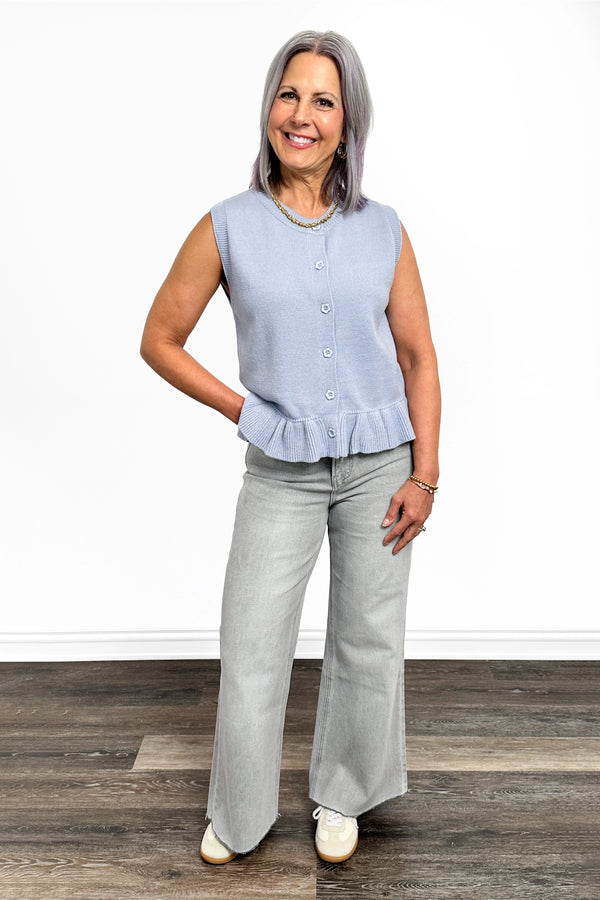 Women's Sleeveless Button Front Ruffle Hem Knit Top by Ava Lane