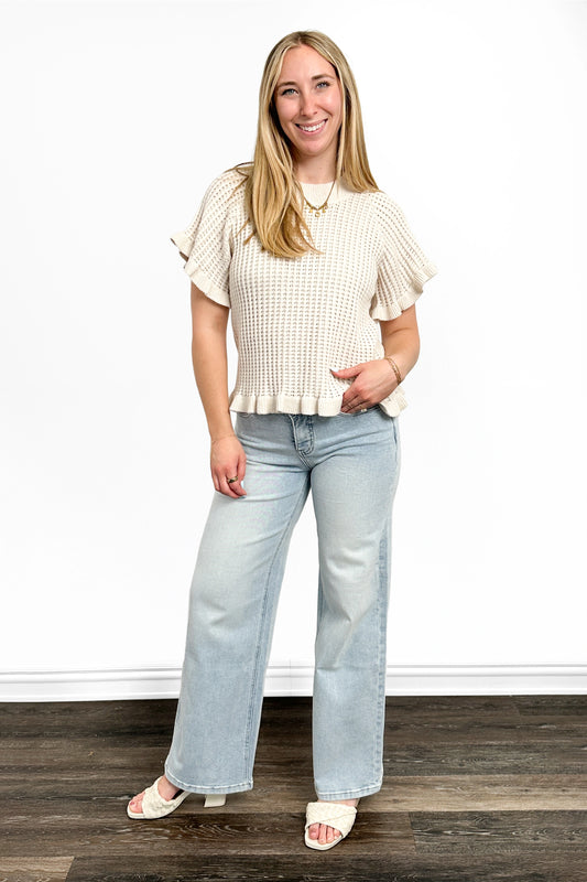 Women's Open Knit Ruffled Hem Short Sleeve Sweater by Ava Lane