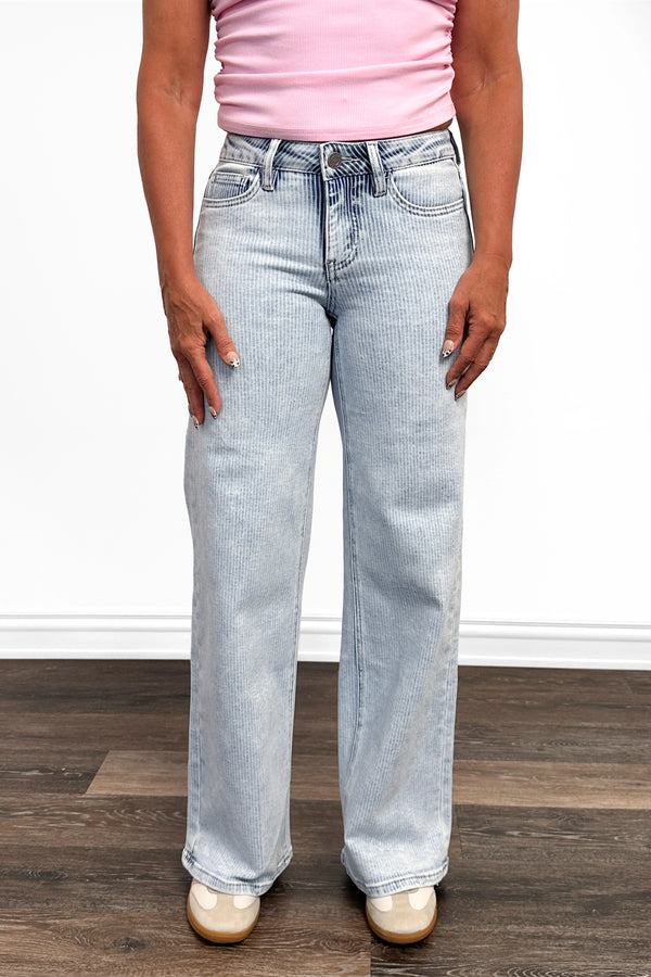 The Bristol Mid-Rise Tummy Control Wide Leg Striped Jeans