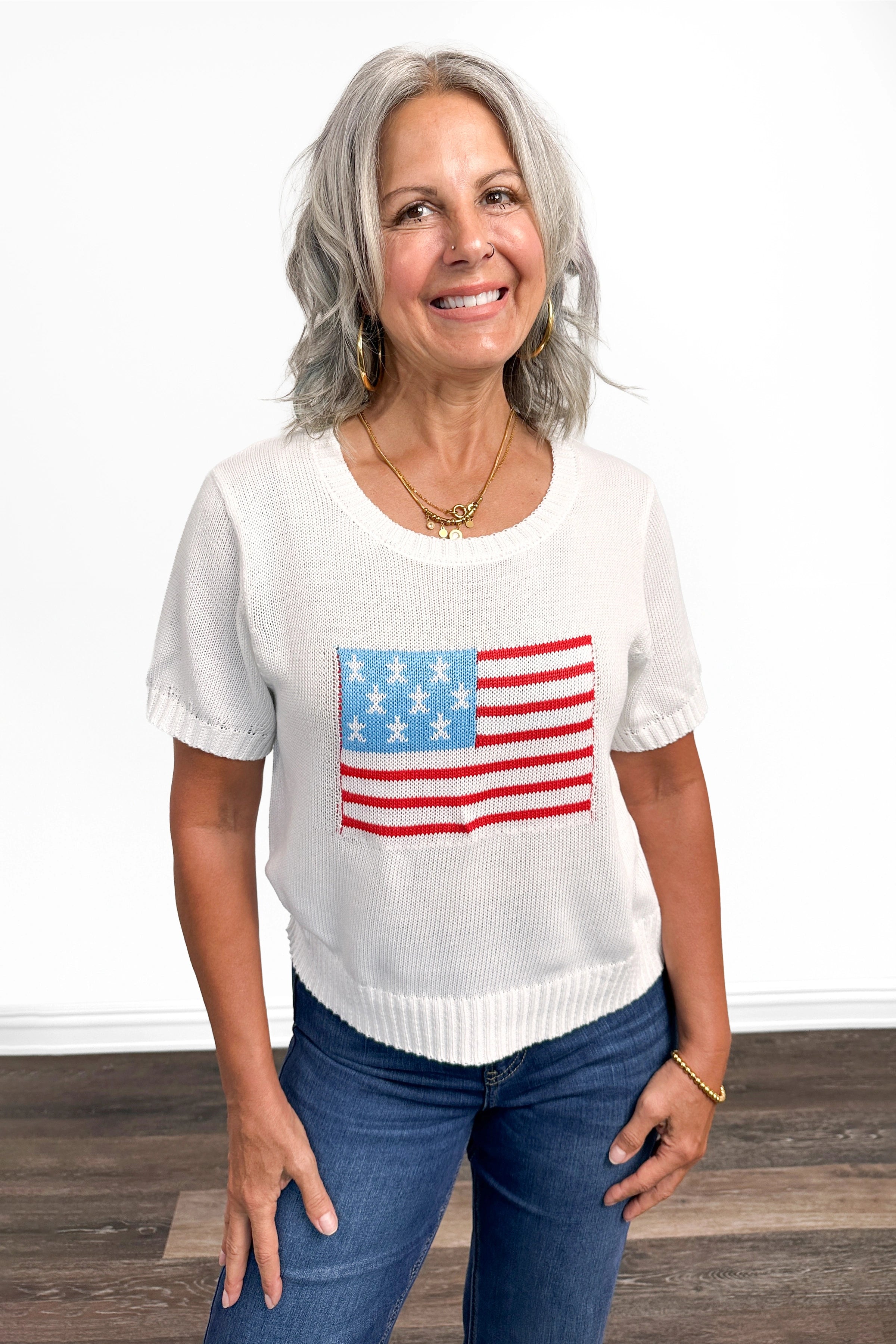 Ameri VINTAGE - AMERI×Champion SHORT WAFFLE TOP Women's American Flag Short Sleeve Sweater | Ava Lane – Ava Lane