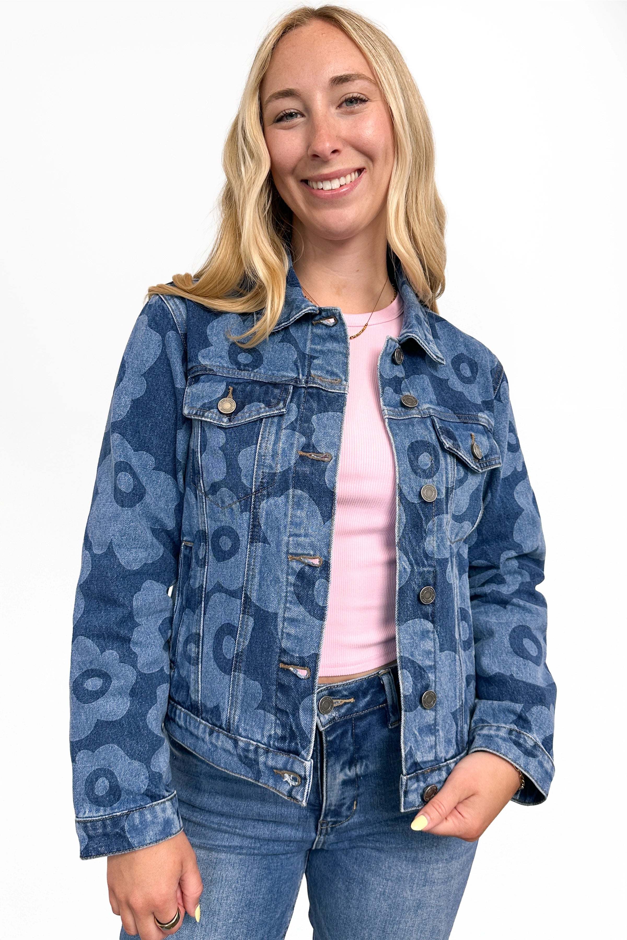 Floral Medium Wash Denim Jacket | Palmer by Ava Lane – Ava Lane