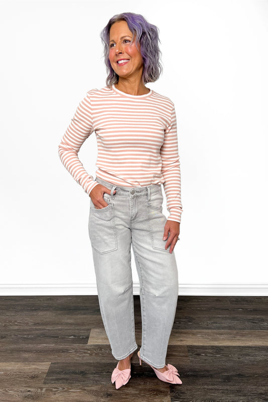 The Kingston from Risen: High-Rise Patch Pocket Barrel Leg Denim