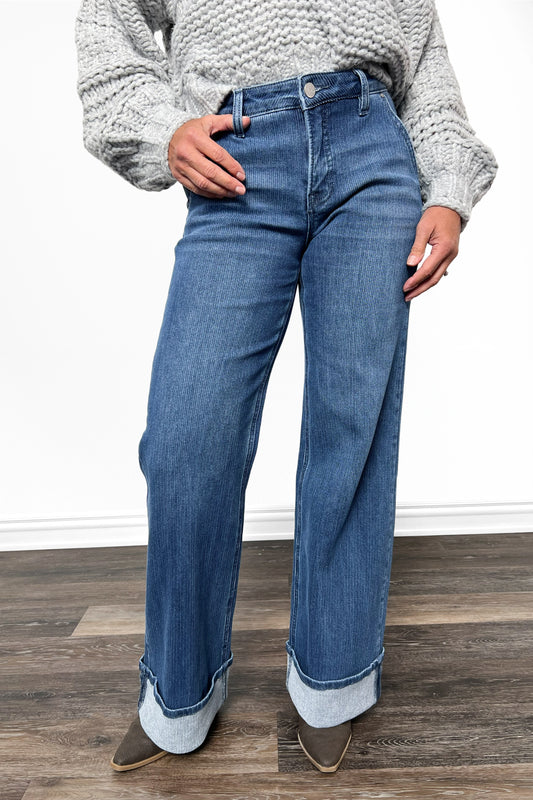 The Harbor from Risen Mid-Rise Tummy Control Wide Leg Cuffed Corduroy Denim