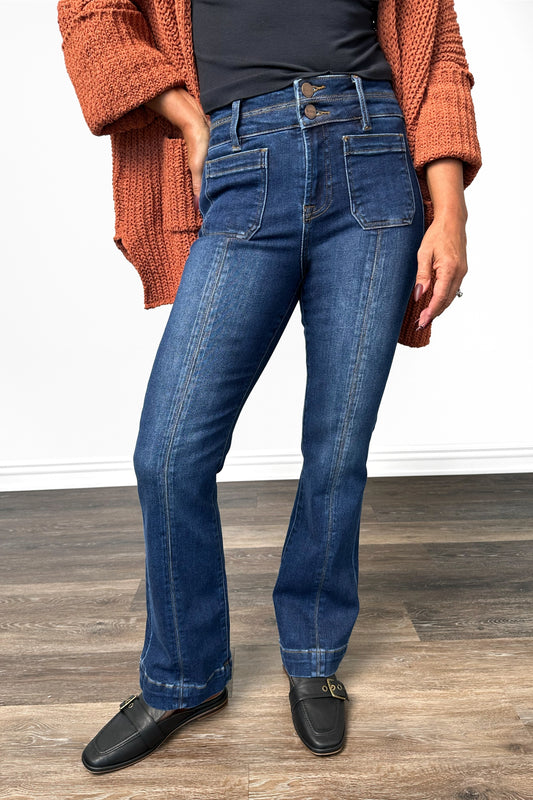 The Paige from Risen High-Rise Double Waist Band Ankle Bootcut Denim