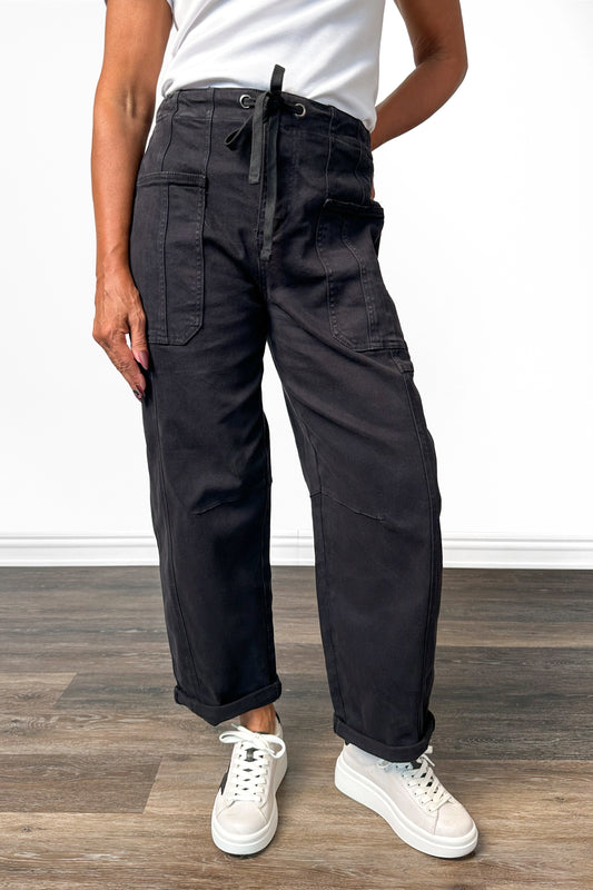 The Dixon from Risen High-Rise Barrel-Cargo Crop Wide Leg Black Wash Denim