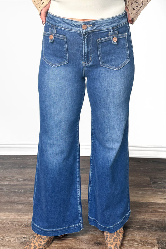 The Penny from Risen Mid-Rise Front Patch Pocket Wide Leg Denim