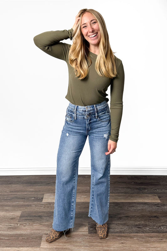 The Diane from Saige: High-Rise Tummy Control Double Waist Wide Leg Denim