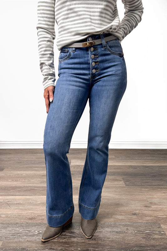The Prue from Saige High-Rise Tummy Control Button Fly Flare Denim