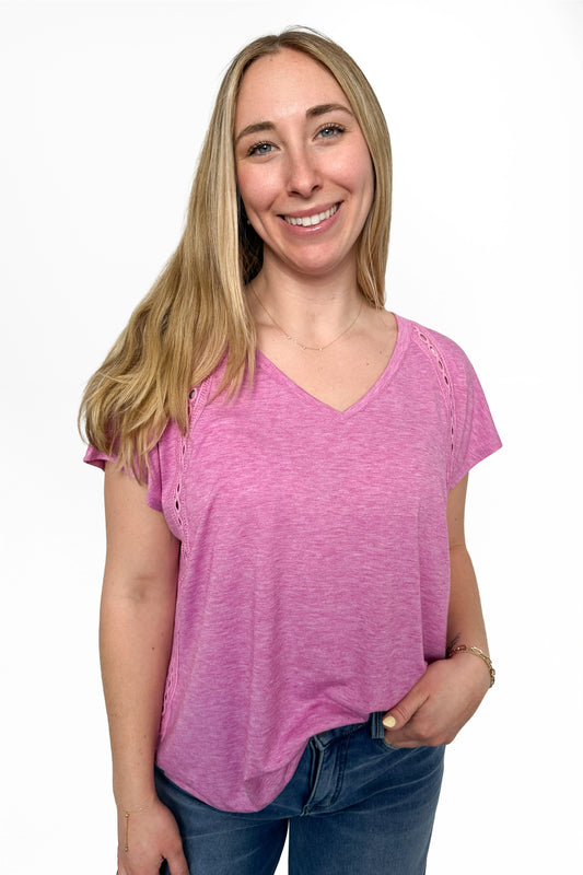 ALB Custom Women's Feminine Eyelet Trim V-Neck Top