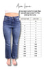 Comparison chart between Judy Blue and Jada jeans sizes by Ava Lane on a white background.