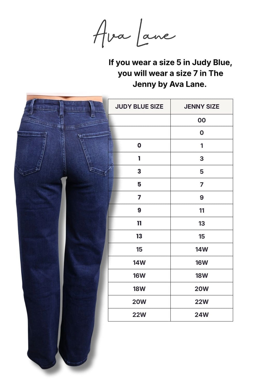 Pair of blue jeans next to a size chart for Ava Lane jeans on a white background