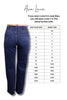 Pair of blue jeans next to a size chart for Ava Lane jeans on a white background