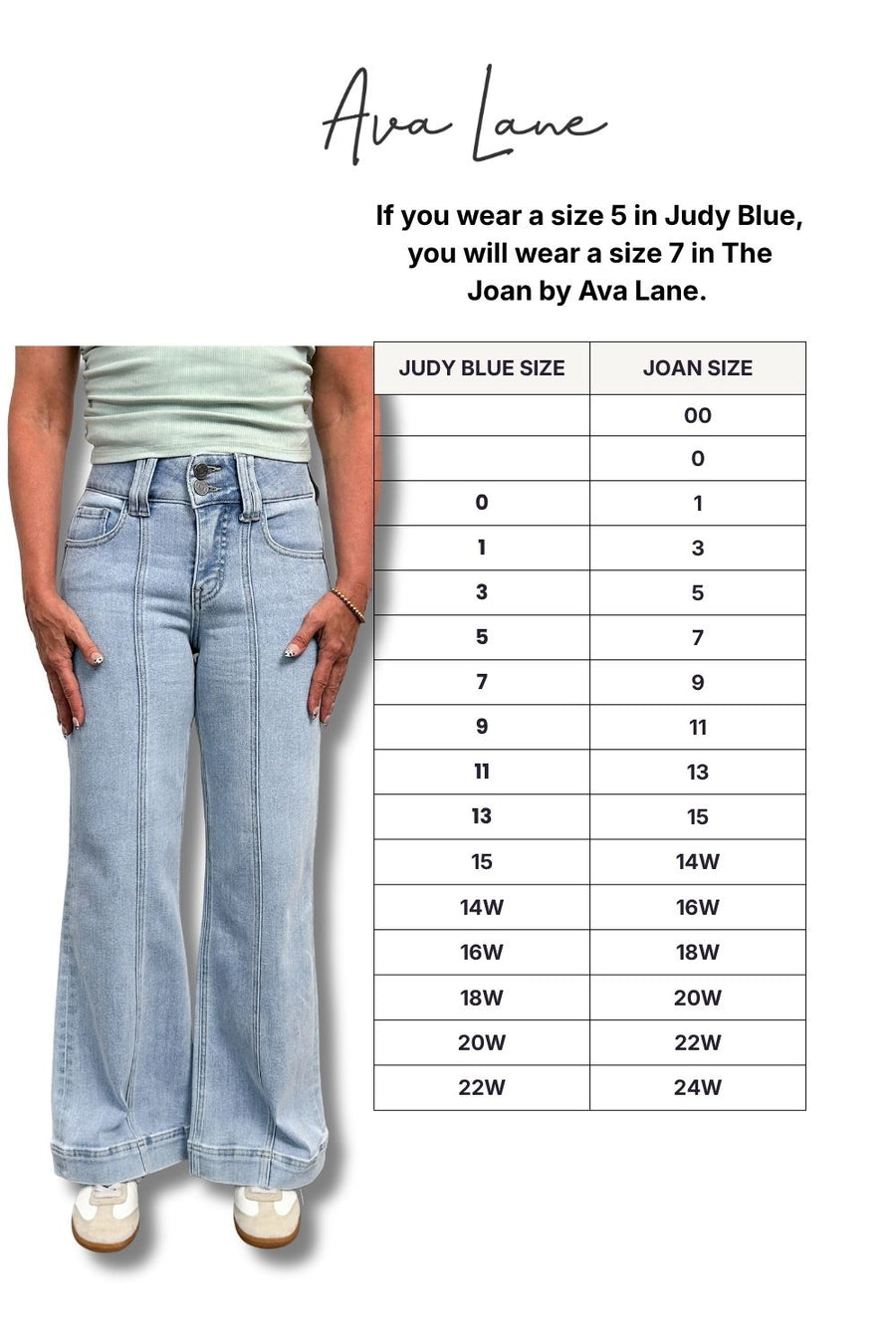 Person wearing light blue jeans with a size chart for Ava Lane clothing on a white background